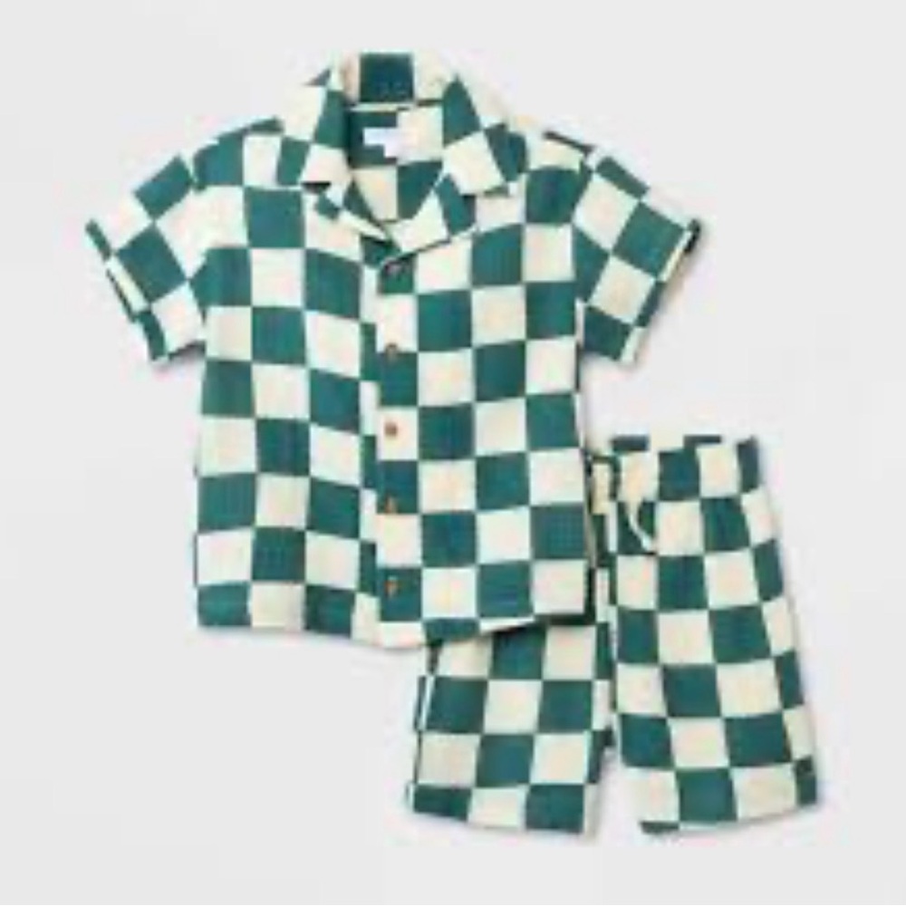 Kids Plaid Set - Teal and Cream
